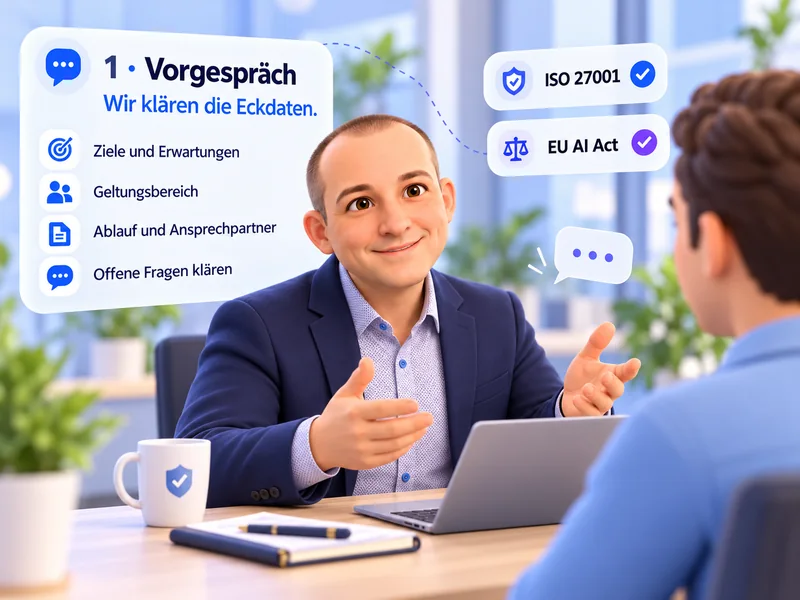 Prüfer der Secobo GmbH im Vorgespräch mit einem Kunden, als 3D-Figur
