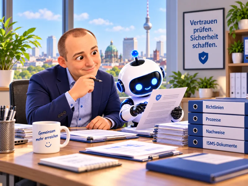 Prüfer der Secobo GmbH sichtet Unterlagen gemeinsam mit einem KI-Roboter