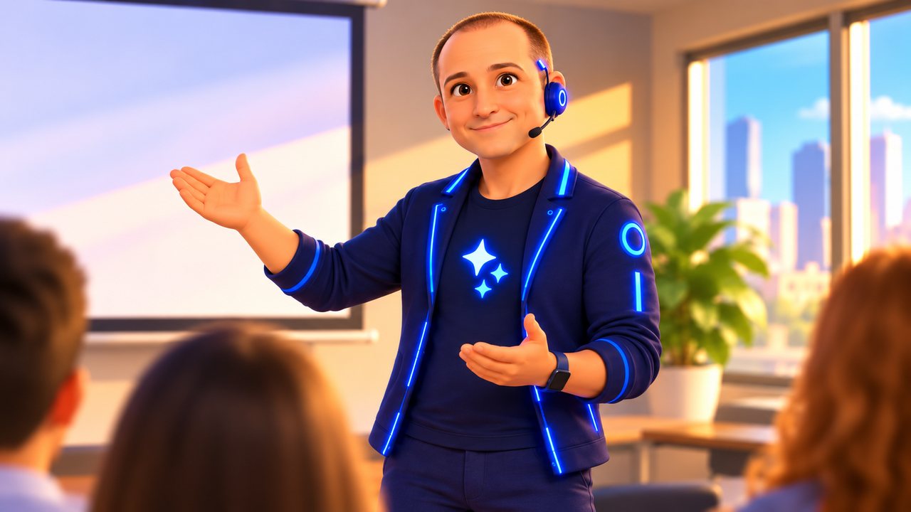 Trainer der Secobo Academy schult eine Gruppe im Seminarraum, als 3D-Figur